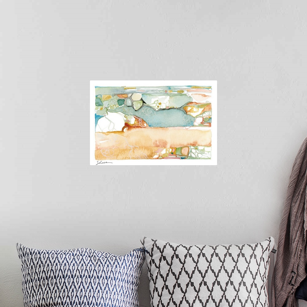 A bohemian room featuring Watercolor seascape painting of the ocean shore line with rocks and shells