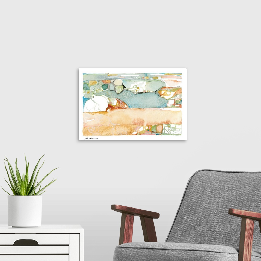 A modern room featuring Watercolor seascape painting of the ocean shore line with rocks and shells