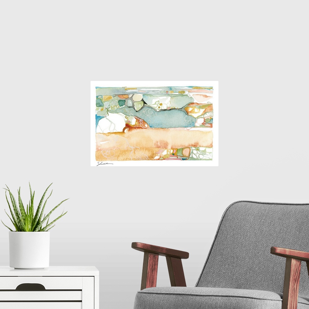 A modern room featuring Watercolor seascape painting of the ocean shore line with rocks and shells