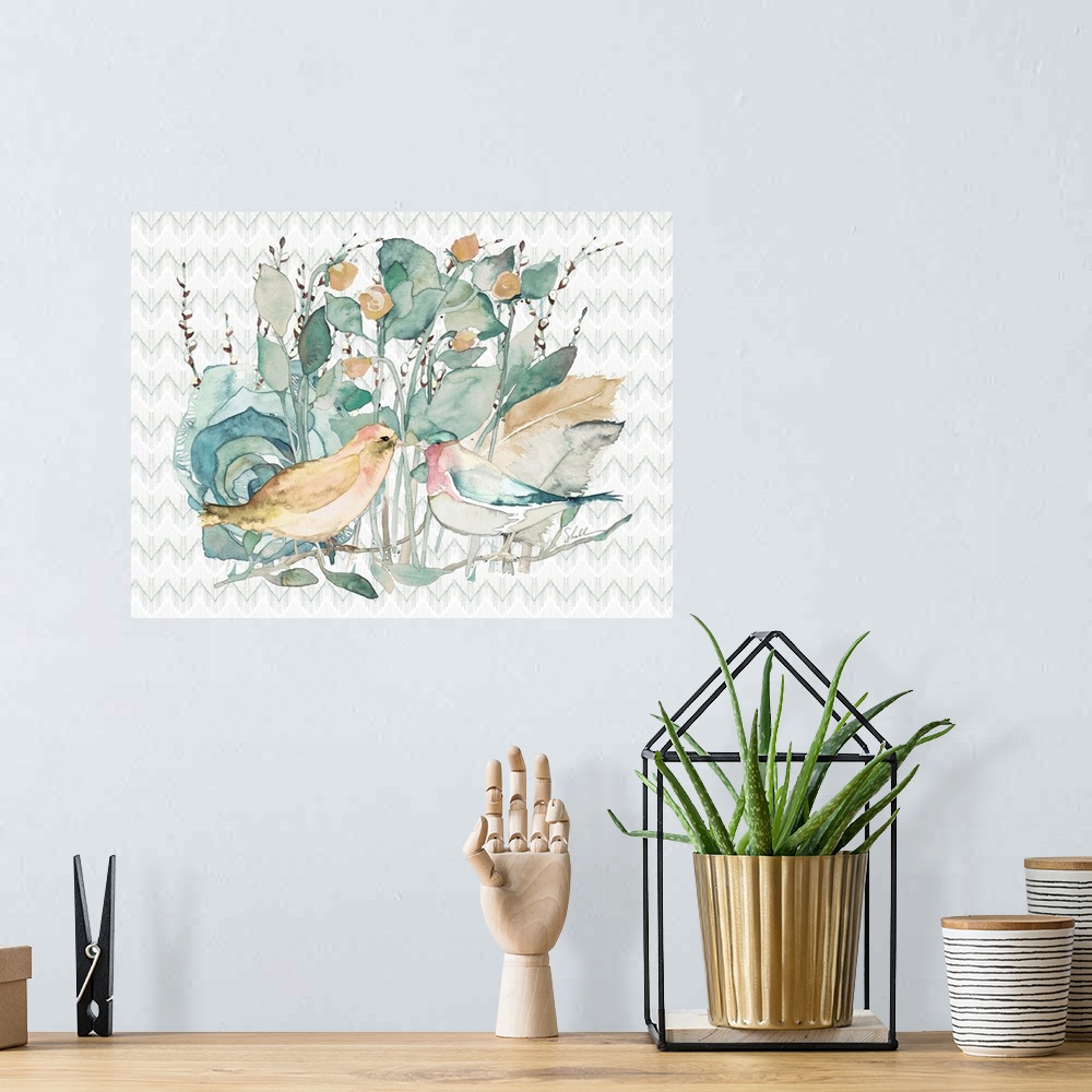 A bohemian room featuring Hand painted watercolor of two birds with roses and blossoms