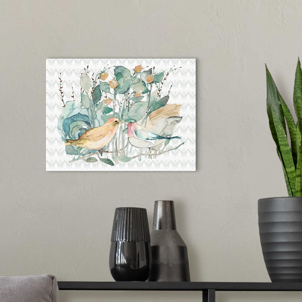 A modern room featuring Hand painted watercolor of two birds with roses and blossoms