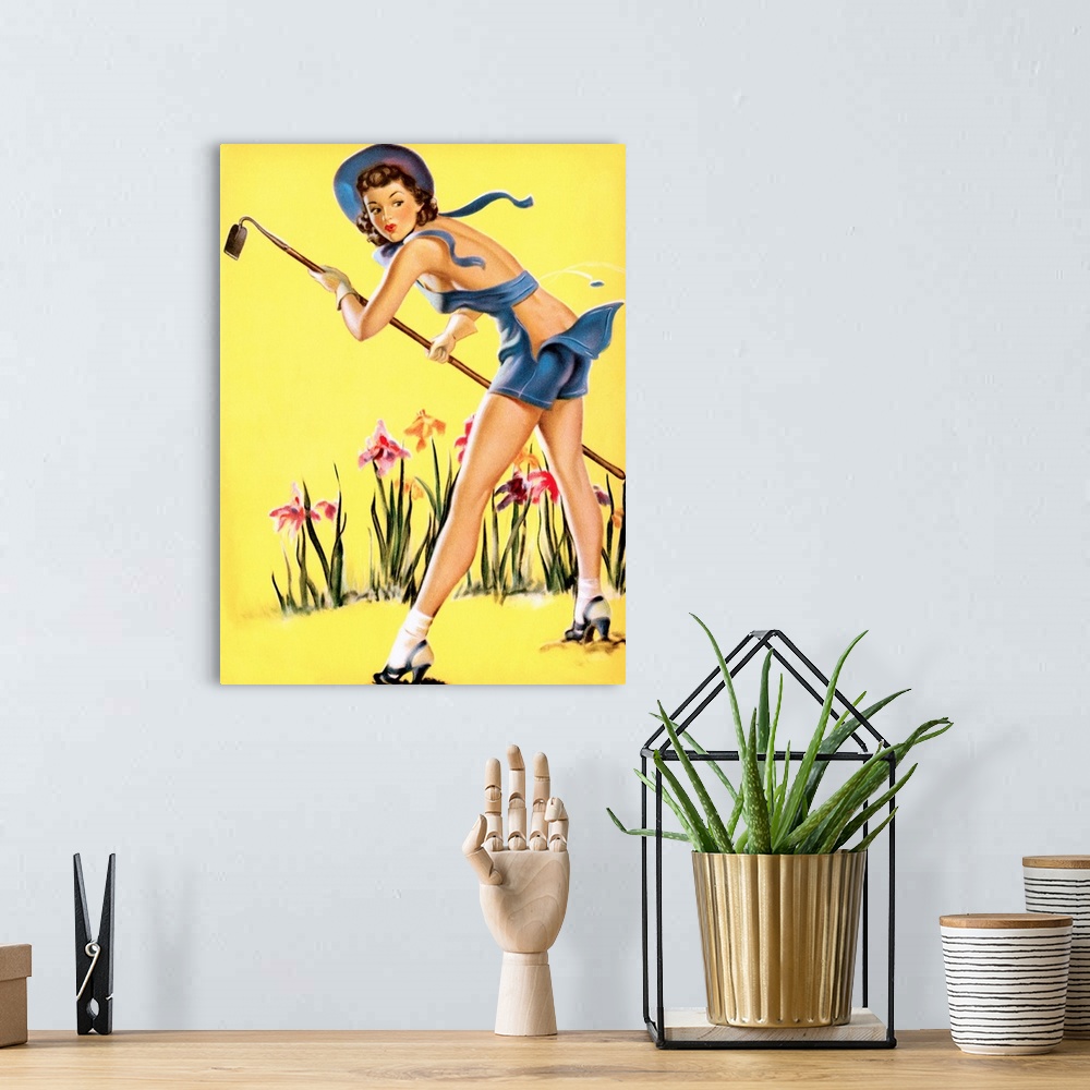 A bohemian room featuring Vintage 50's illustration of a young woman gardening with a hoe.