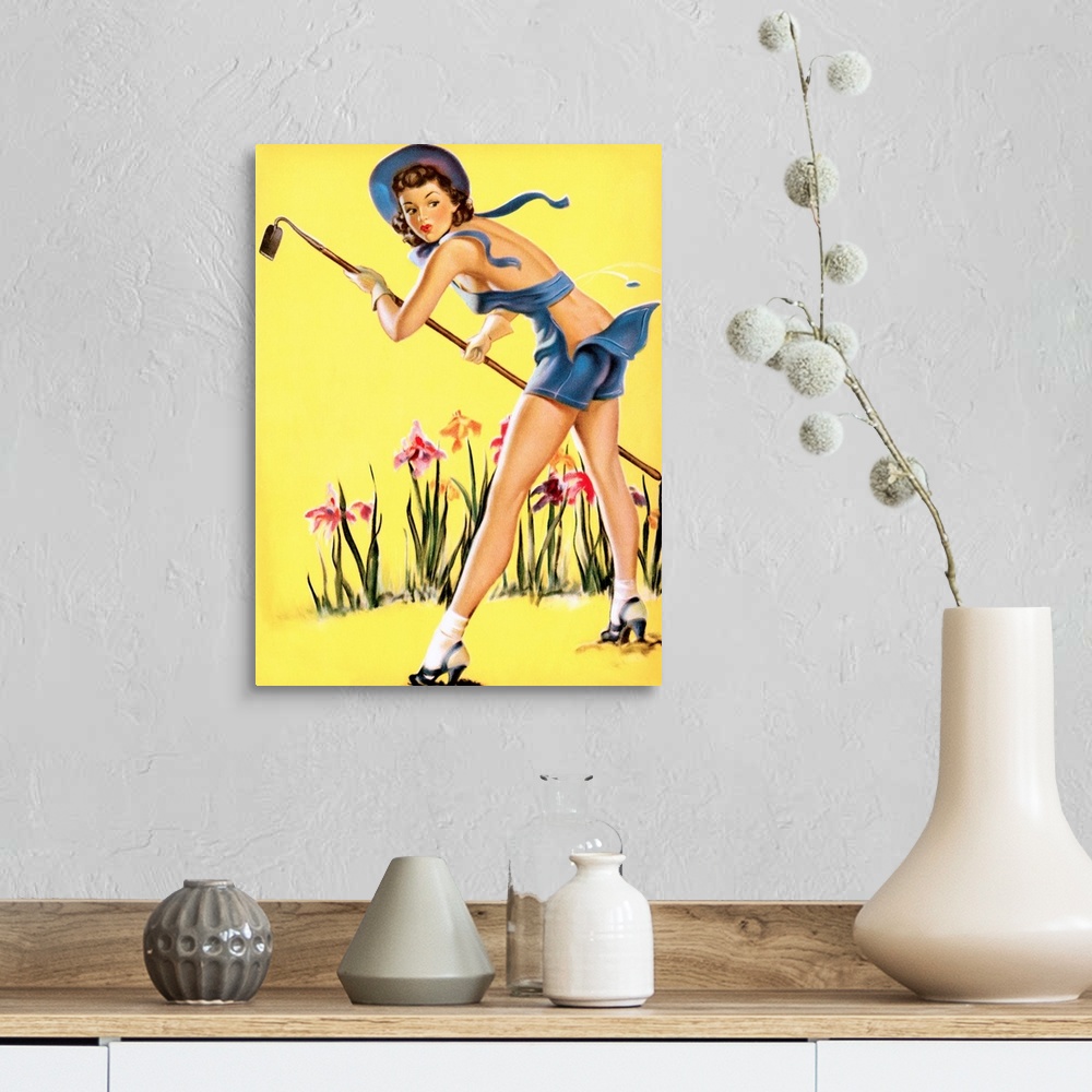A farmhouse room featuring Vintage 50's illustration of a young woman gardening with a hoe.