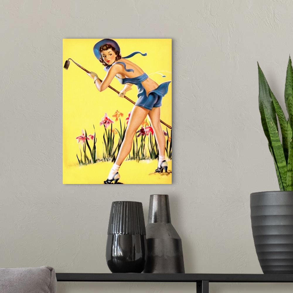 A modern room featuring Vintage 50's illustration of a young woman gardening with a hoe.