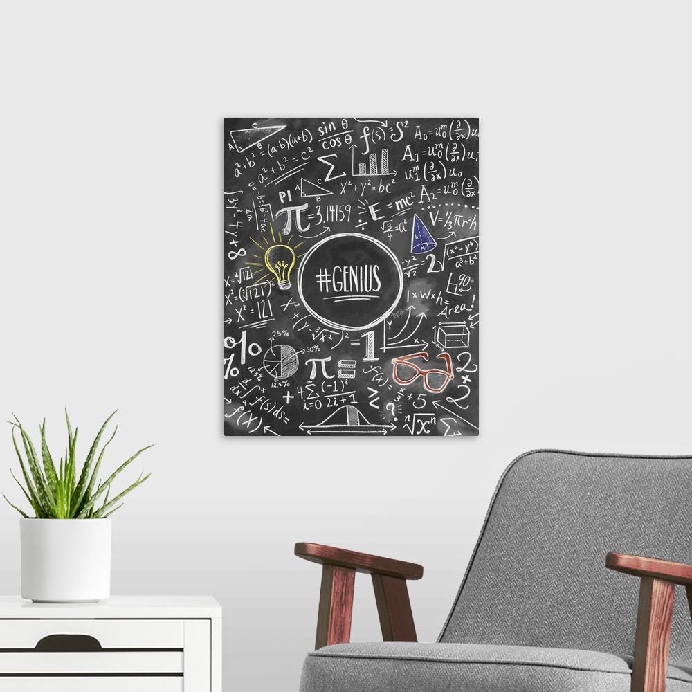 A modern room featuring "Genius" surrounded by formulas and equations, handwritten in white chalk.