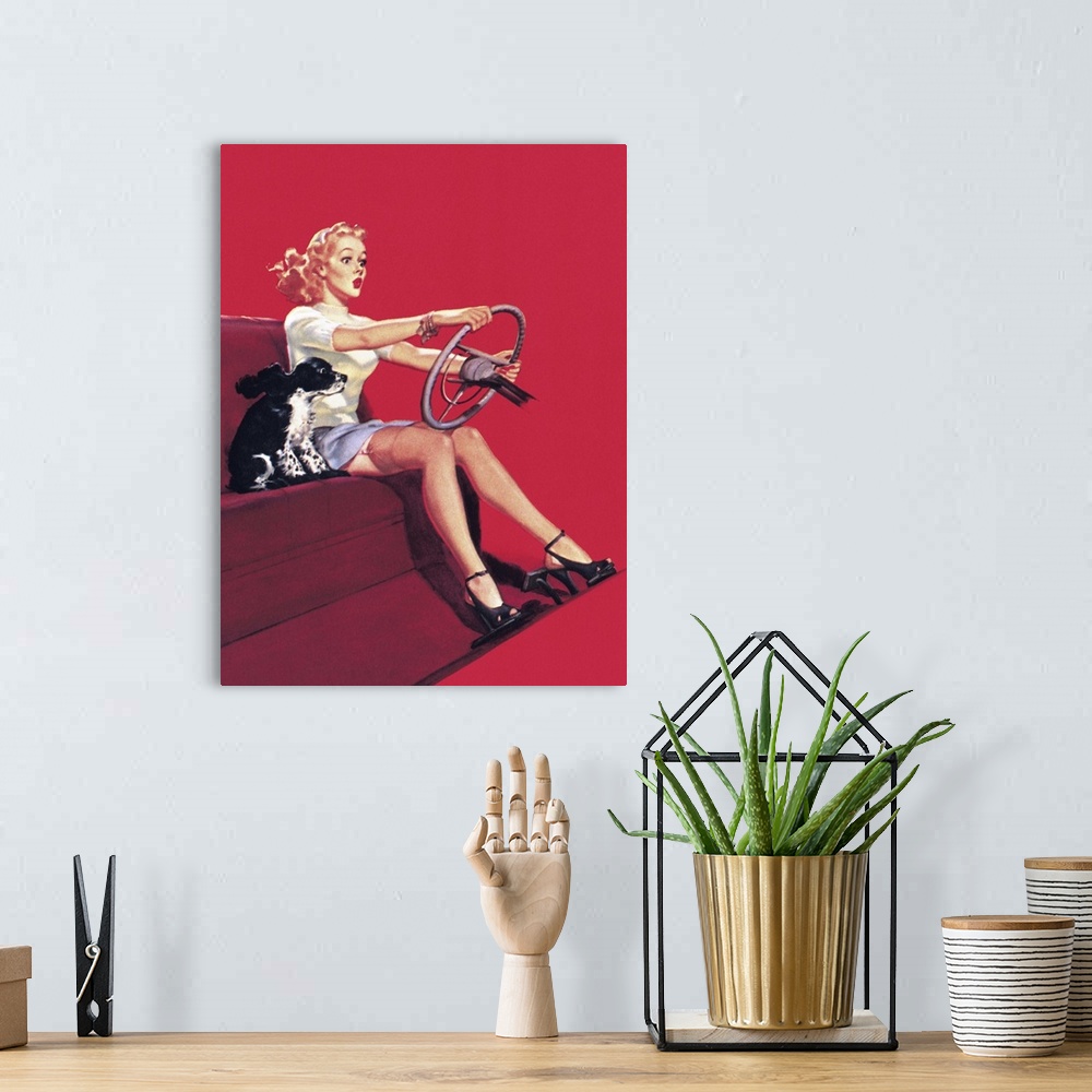 A bohemian room featuring Vintage 50's pin-up girl with her hands on a steering wheel and a dog at her side.