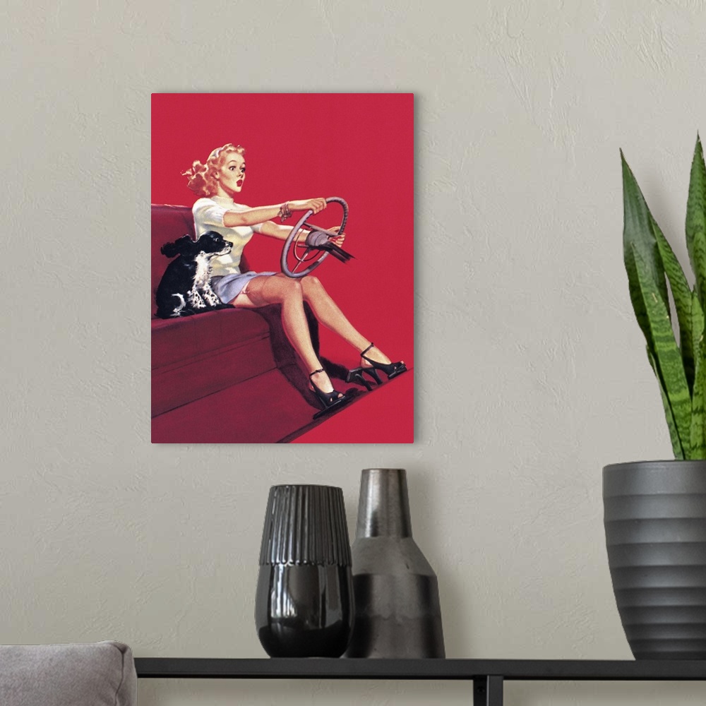 A modern room featuring Vintage 50's pin-up girl with her hands on a steering wheel and a dog at her side.
