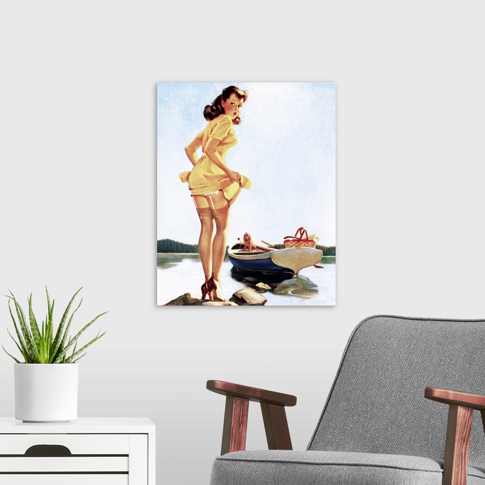 A modern room featuring Vintage 50's pin-up girl holding up her skirt as she makes her way to her boat.