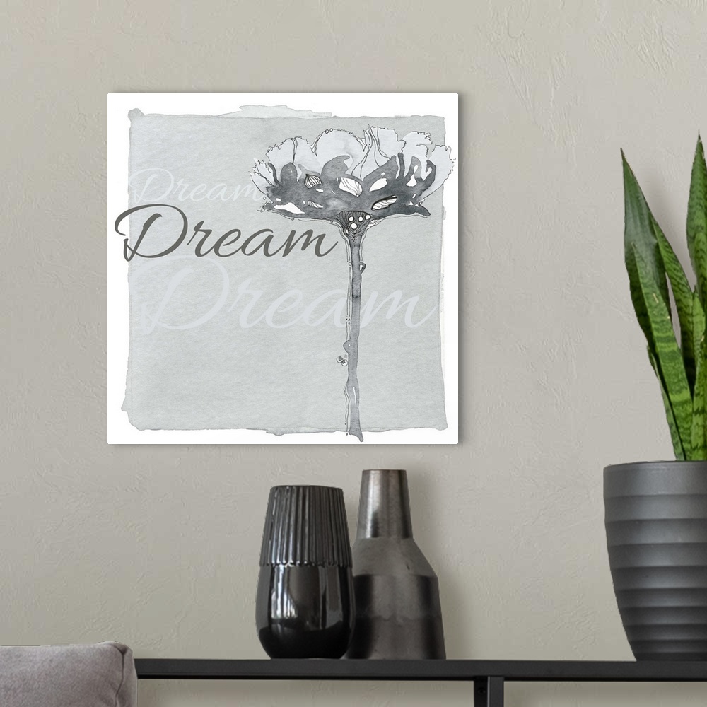 A modern room featuring Decorative watercolor painting of a grey flower with the word "Dream" repeated in the background.