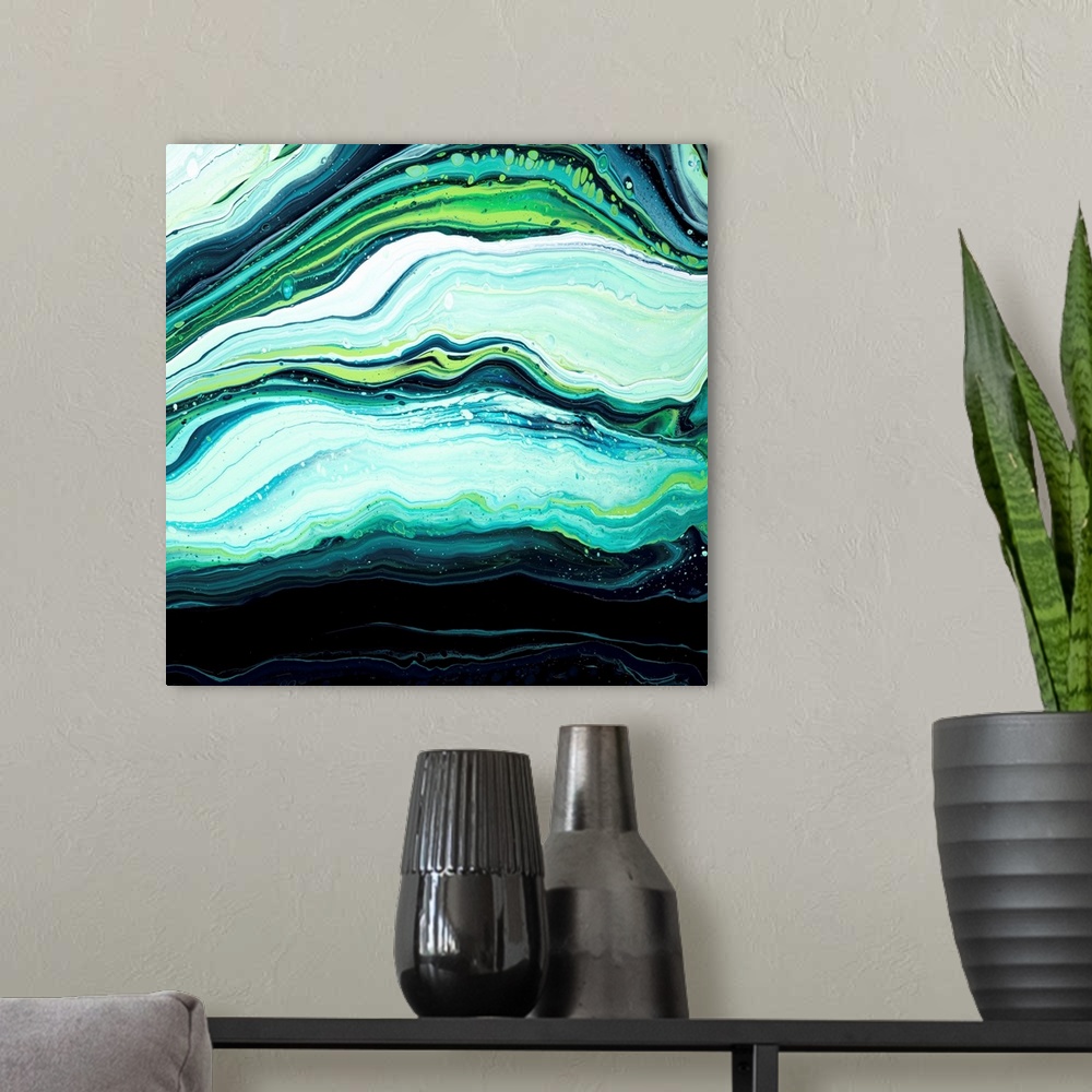 A modern room featuring Green And Aqua Abstract 39