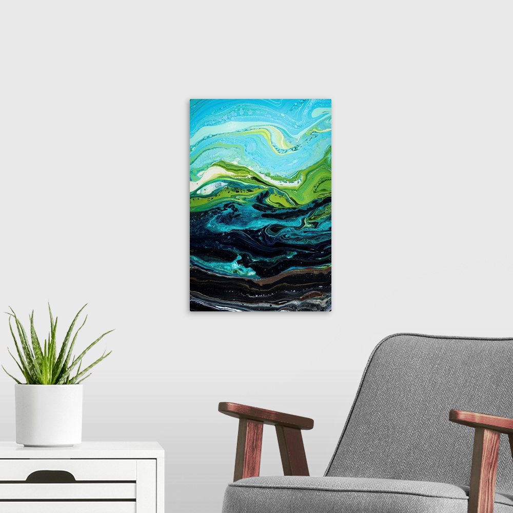 A modern room featuring Green And Blue Abstract 36