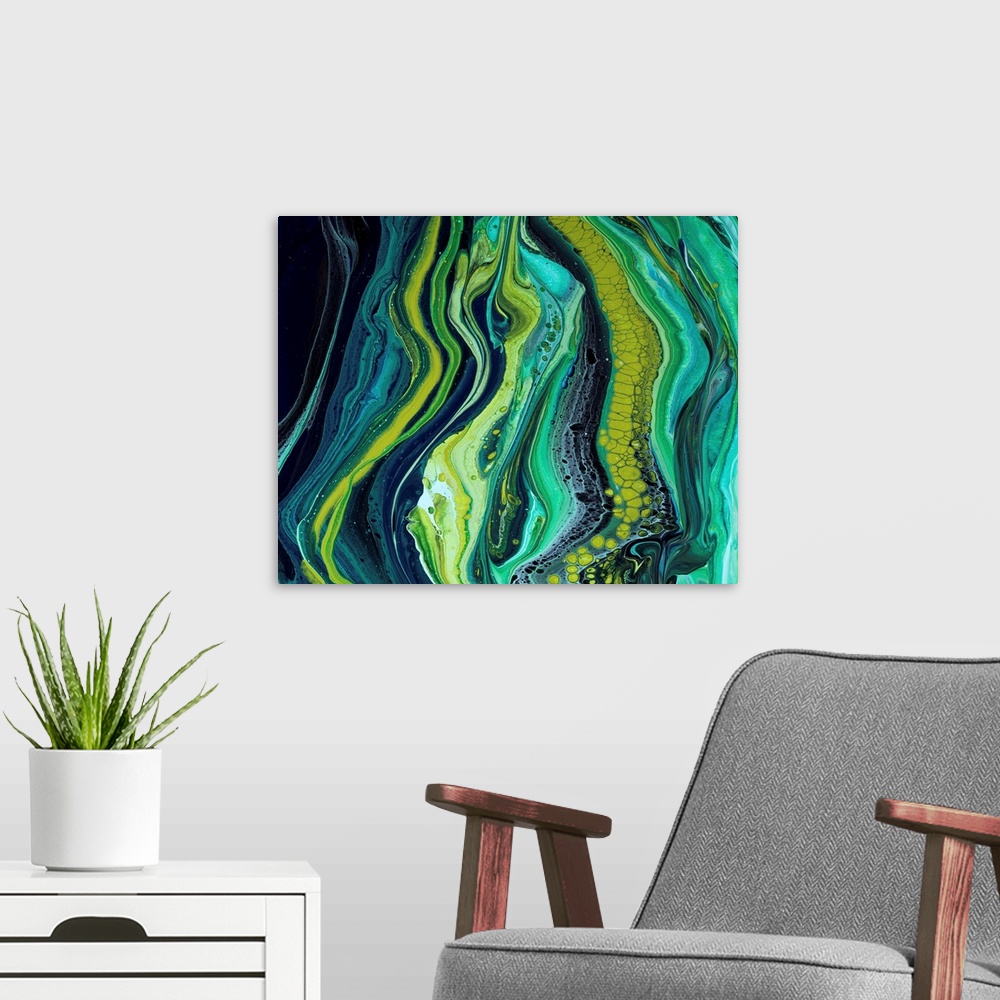 A modern room featuring Green And Blue Abstract 57