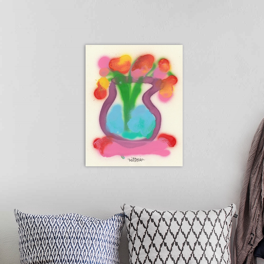 A bohemian room featuring A contemporary painting of a vase of flowers done with spray paint and a very simple but effectiv...