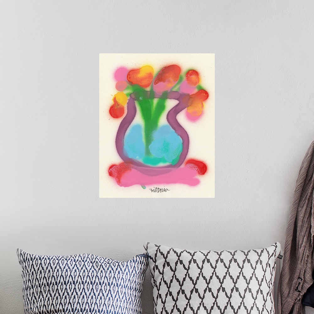 A bohemian room featuring A contemporary painting of a vase of flowers done with spray paint and a very simple but effectiv...