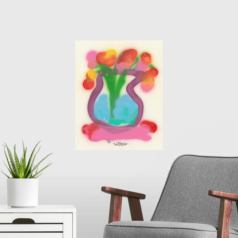 A modern room featuring A contemporary painting of a vase of flowers done with spray paint and a very simple but effectiv...