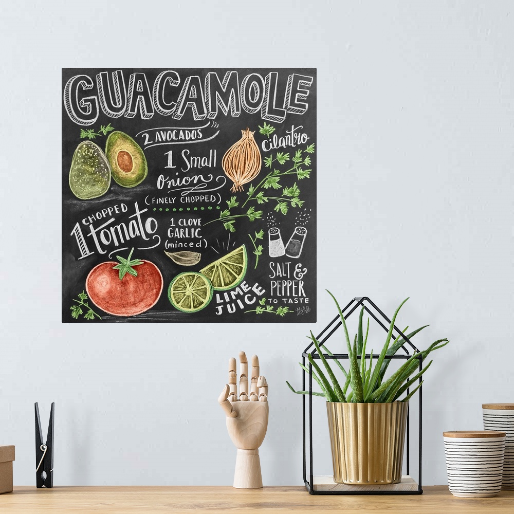 A bohemian room featuring Handwritten and illustrated recipe for guacamole, including tomatoes, avocadoes, onions, and limes.