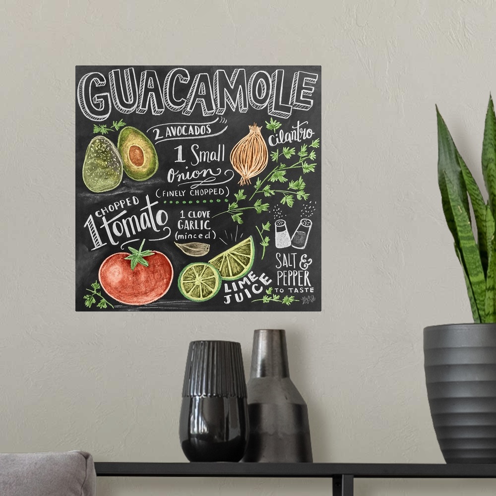 A modern room featuring Handwritten and illustrated recipe for guacamole, including tomatoes, avocadoes, onions, and limes.