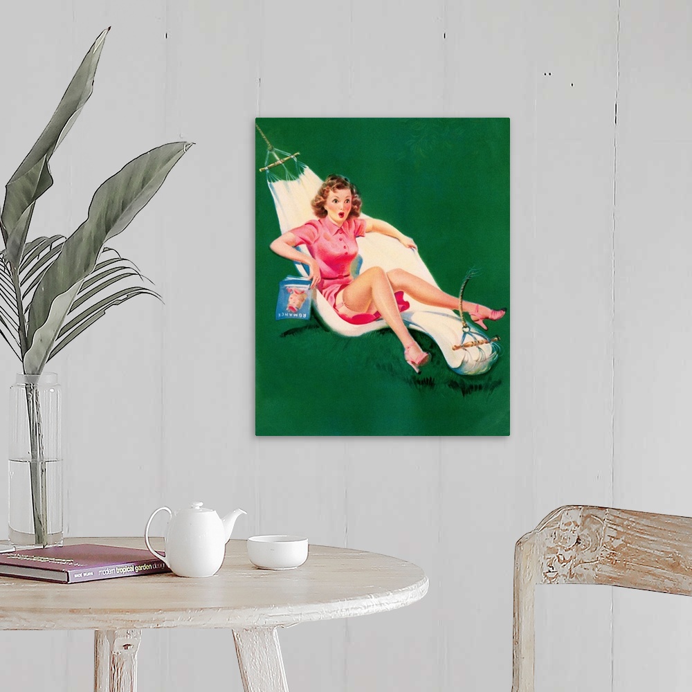 A farmhouse room featuring Vintage 50's illustration of a young woman falling on a broken hammock.