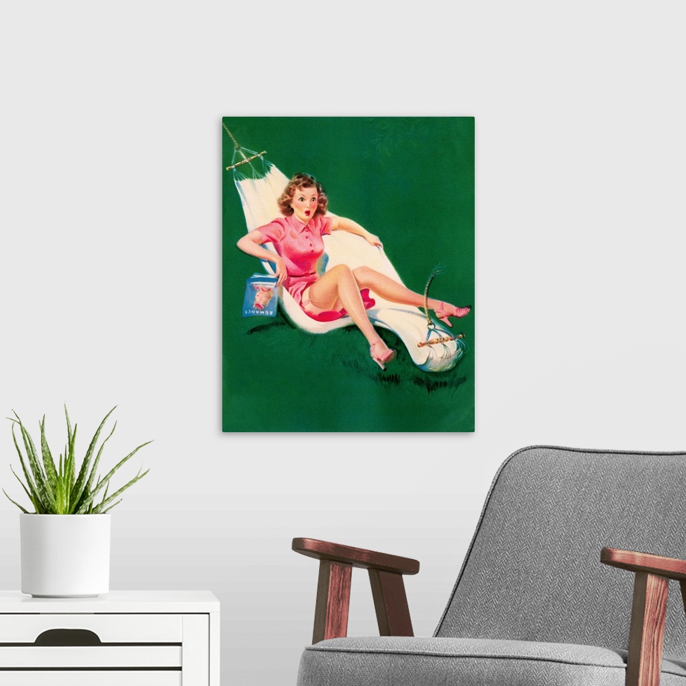 A modern room featuring Vintage 50's illustration of a young woman falling on a broken hammock.