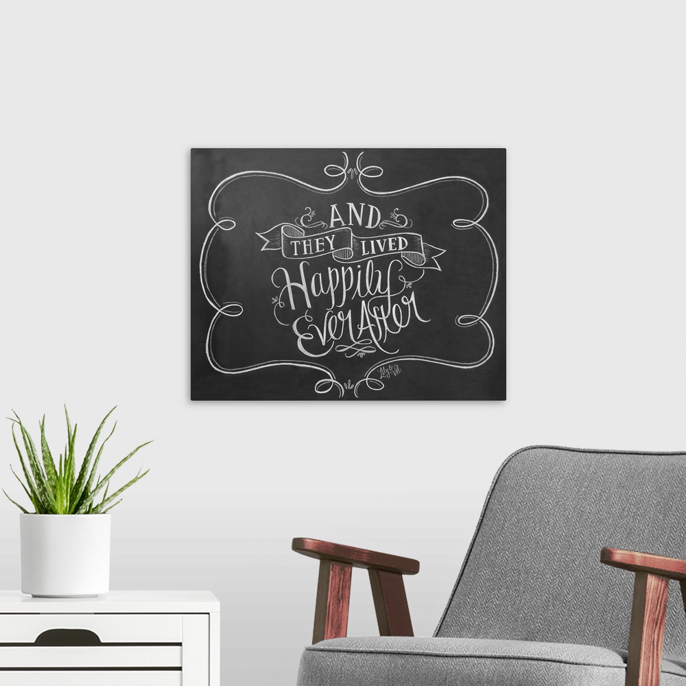 A modern room featuring "And they lived happily ever after" handwritten in white chalk on a black background.
