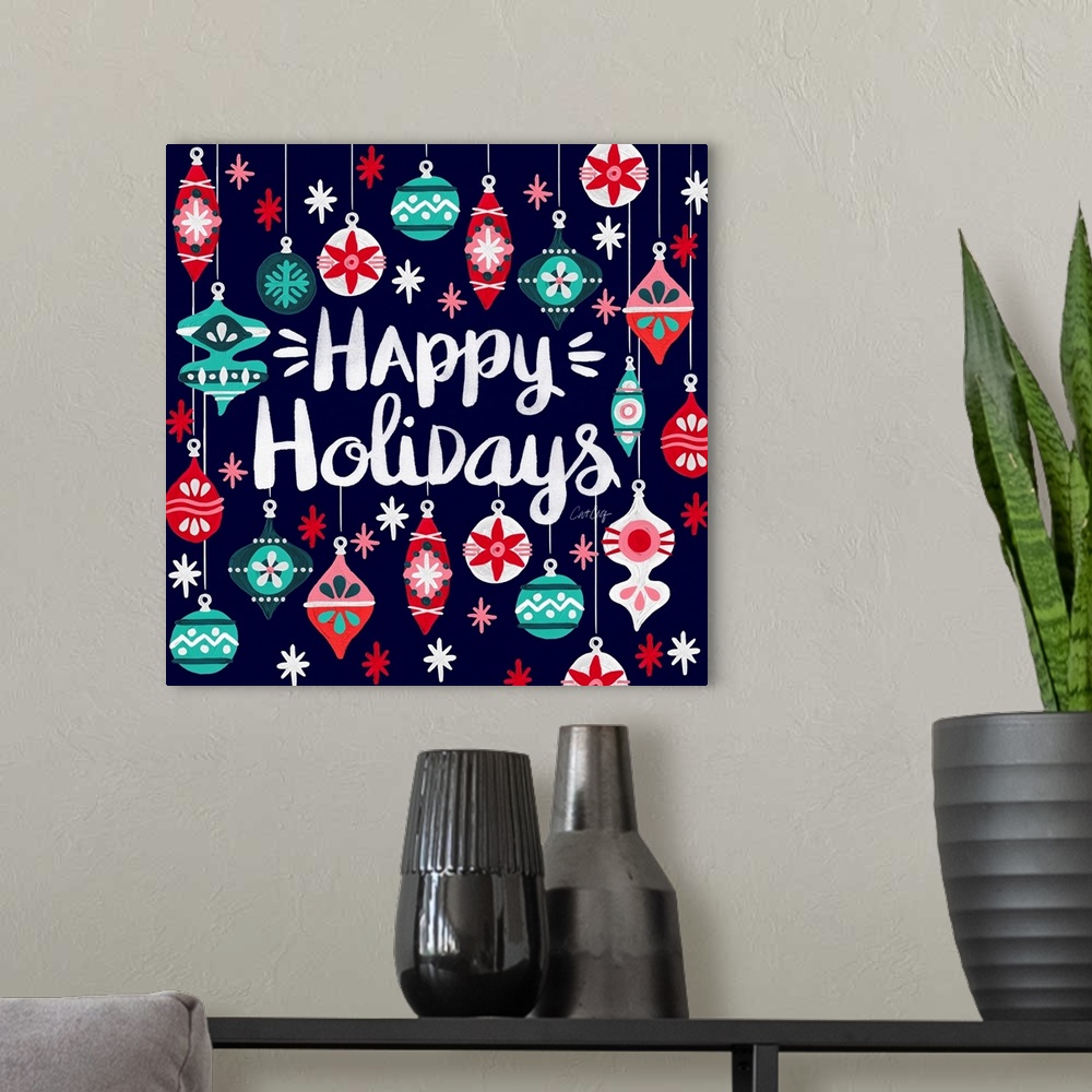 A modern room featuring Happy Holidays