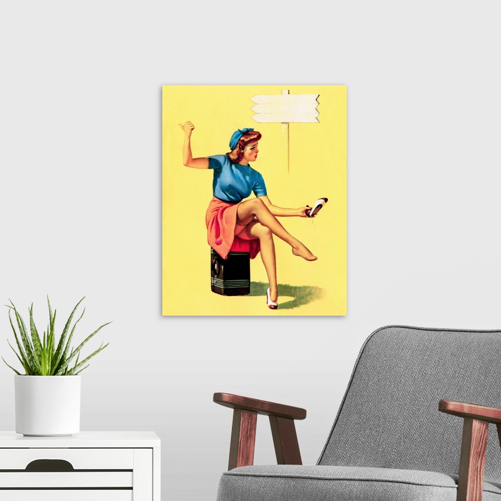 A modern room featuring Vintage 50's illustration of a young woman sitting on her suitcase at the side of the road.