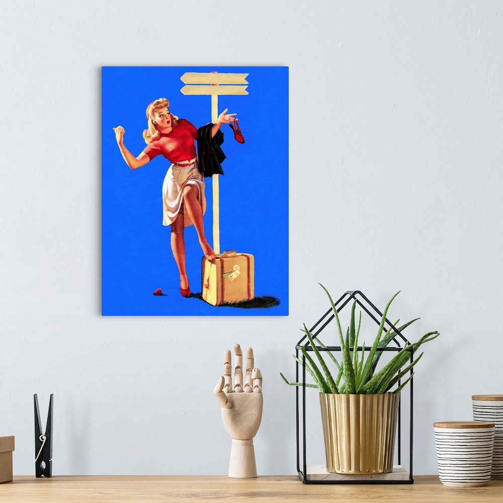 A bohemian room featuring Vintage 50's illustration of a young woman hitchhiking by a signpost.