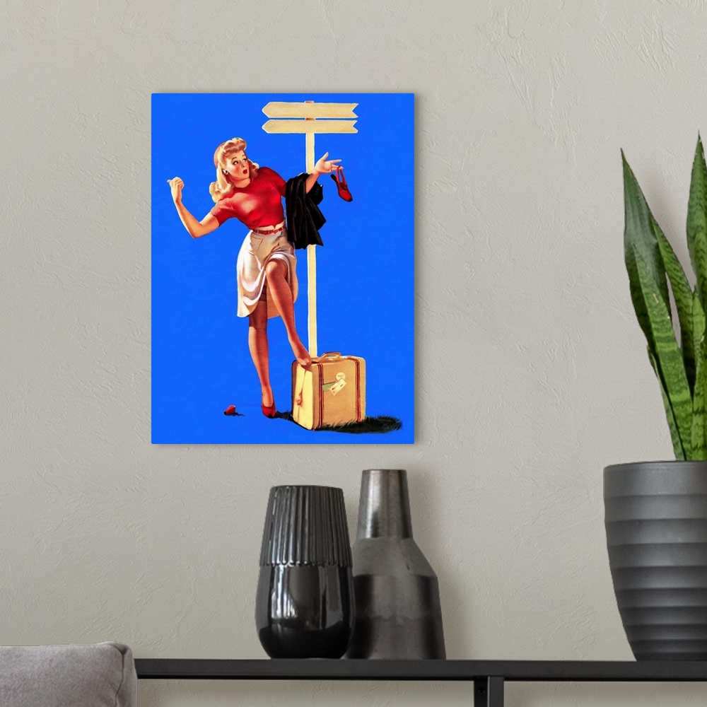 A modern room featuring Vintage 50's illustration of a young woman hitchhiking by a signpost.