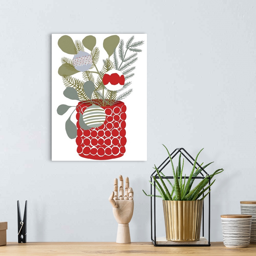 A bohemian room featuring A minimal contemporary illustration of holiday greenery and ornaments in a red vase that would be...