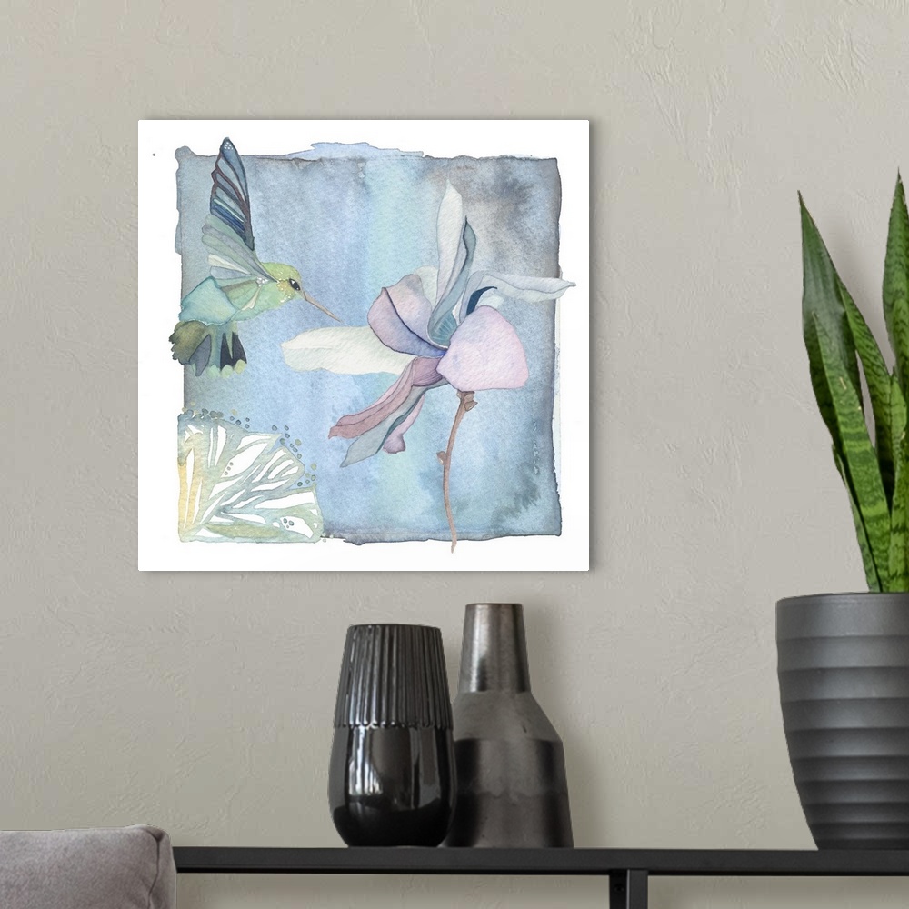 A modern room featuring Contemporary watercolor painting of a hummingbird feeding at a flower, in vibrant colors.