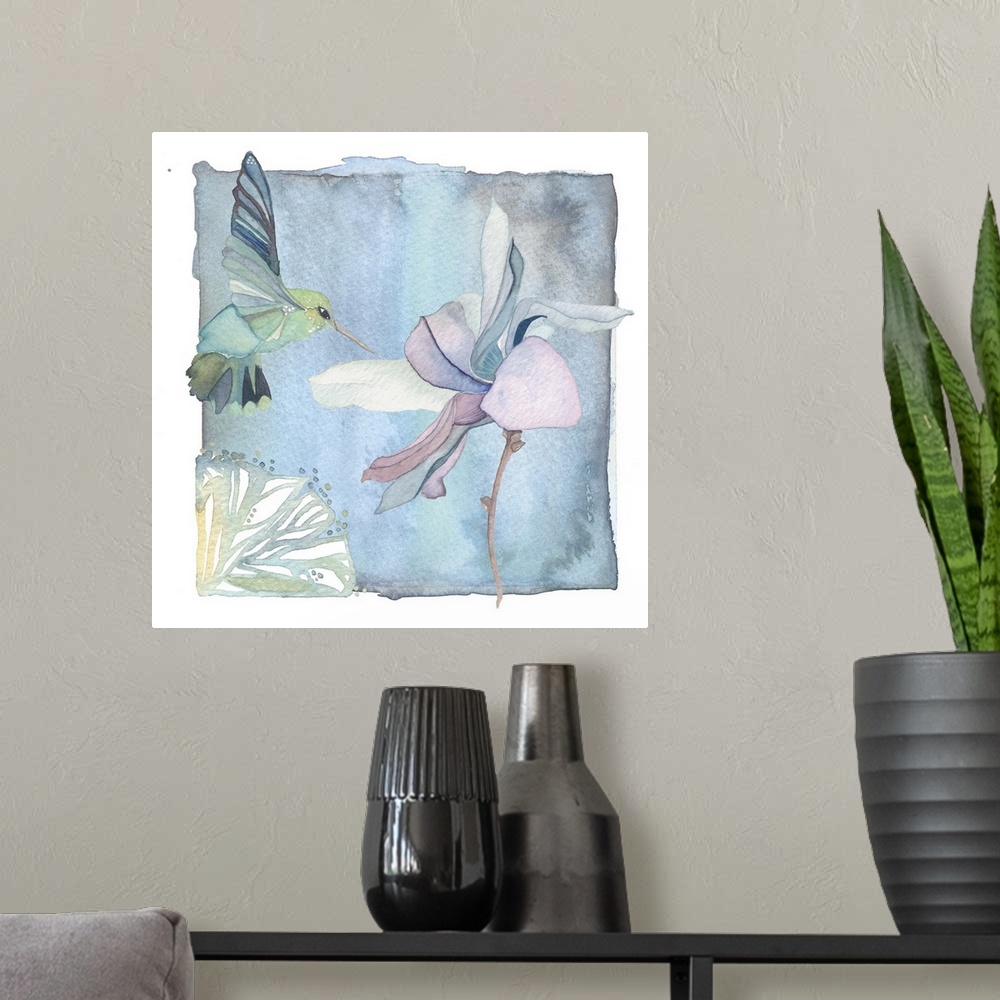 A modern room featuring Contemporary watercolor painting of a hummingbird feeding at a flower, in vibrant colors.