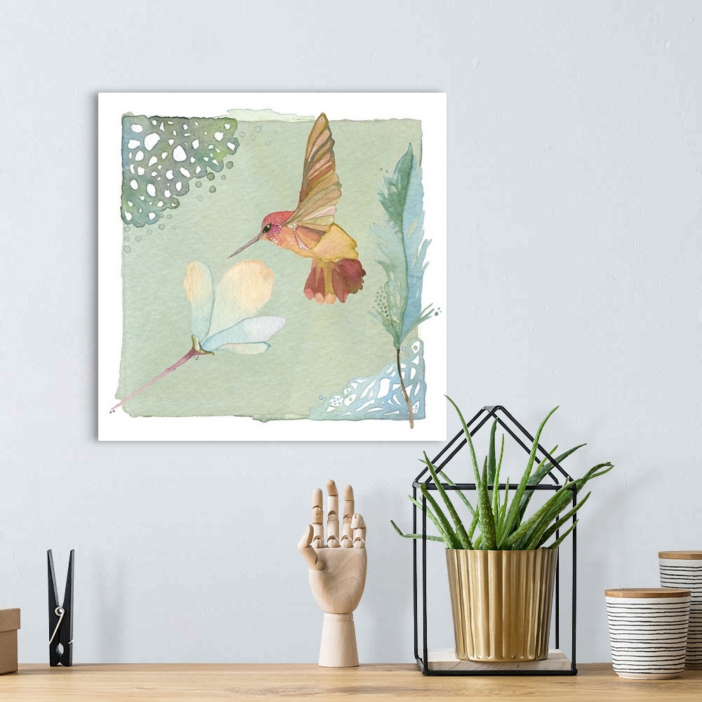 A bohemian room featuring Contemporary watercolor painting of a hummingbird feeding at a flower, in pastel tones.