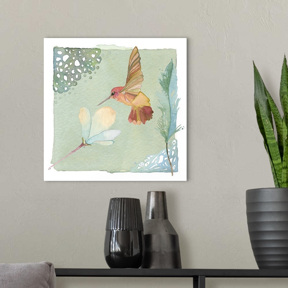 A modern room featuring Contemporary watercolor painting of a hummingbird feeding at a flower, in pastel tones.