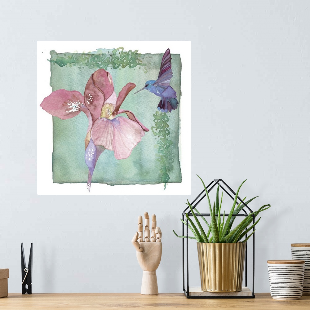 A bohemian room featuring Contemporary watercolor painting of a hummingbird feeding at a flower, in vibrant colors.