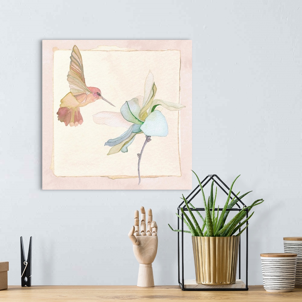 A bohemian room featuring Contemporary watercolor painting of a hummingbird feeding at a flower, in pastel tones.