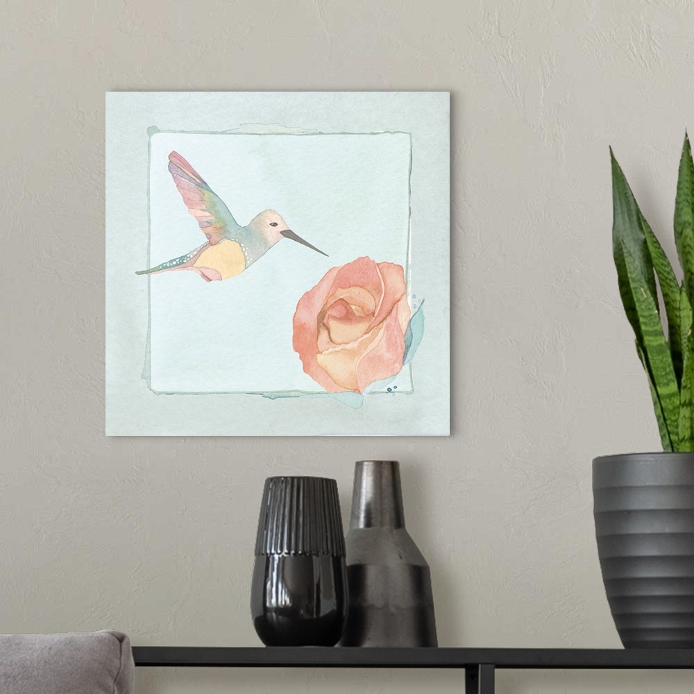 A modern room featuring Watercolor painting of a hummingbird feeding at a pink rose.