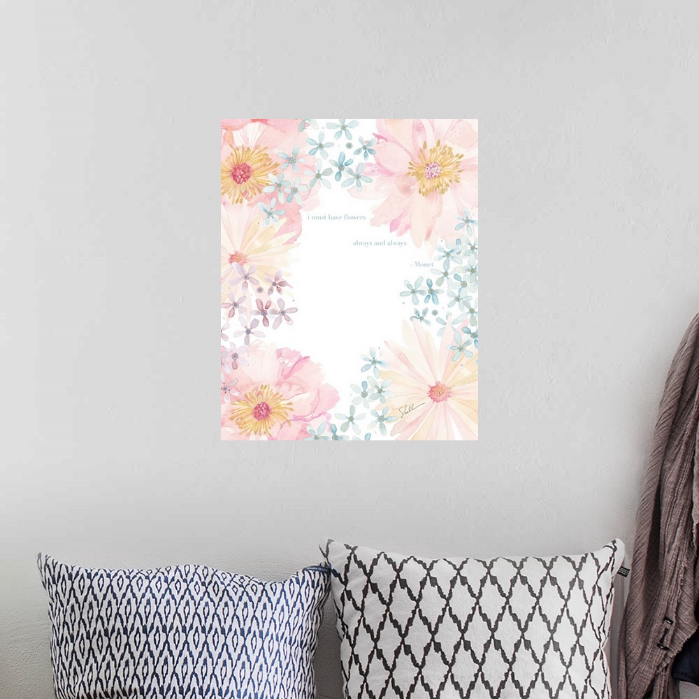 A bohemian room featuring Hand Painted watercolor of pastel flowers with an inspirational text