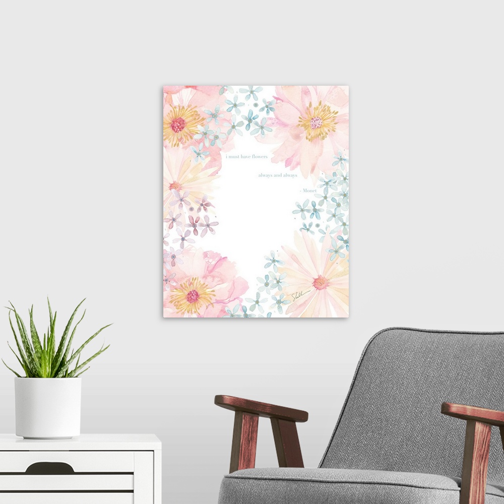 A modern room featuring Hand Painted watercolor of pastel flowers with an inspirational text