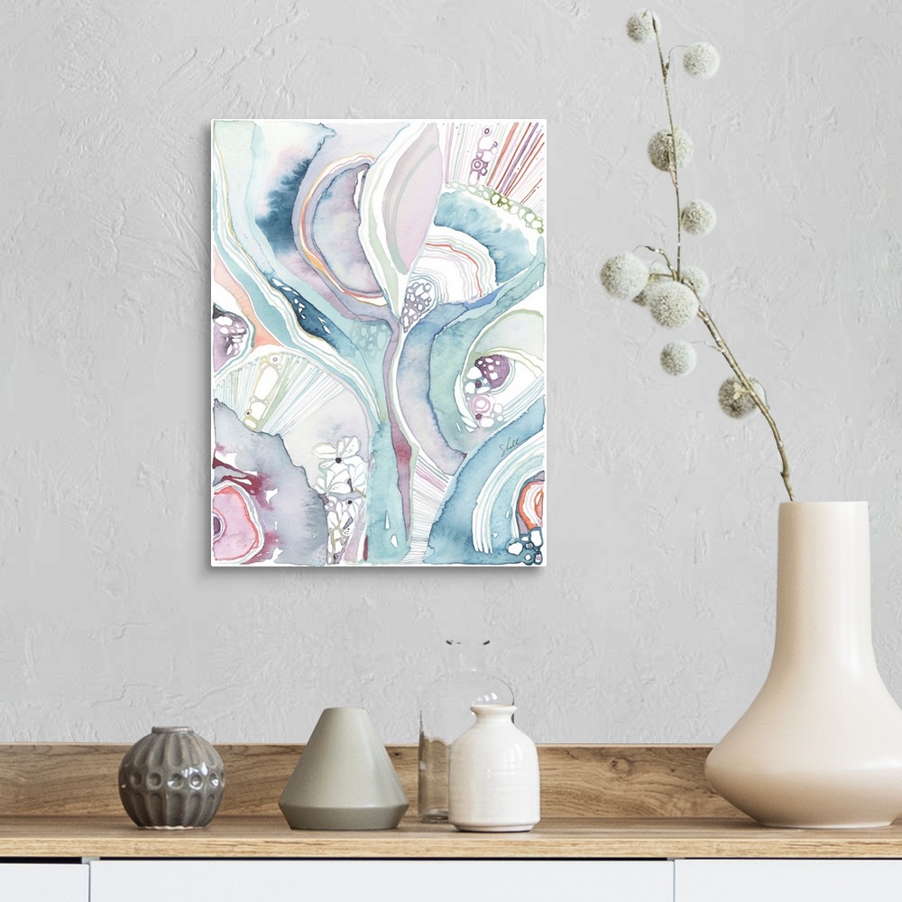 A farmhouse room featuring Abstract organic modern watercolor painting