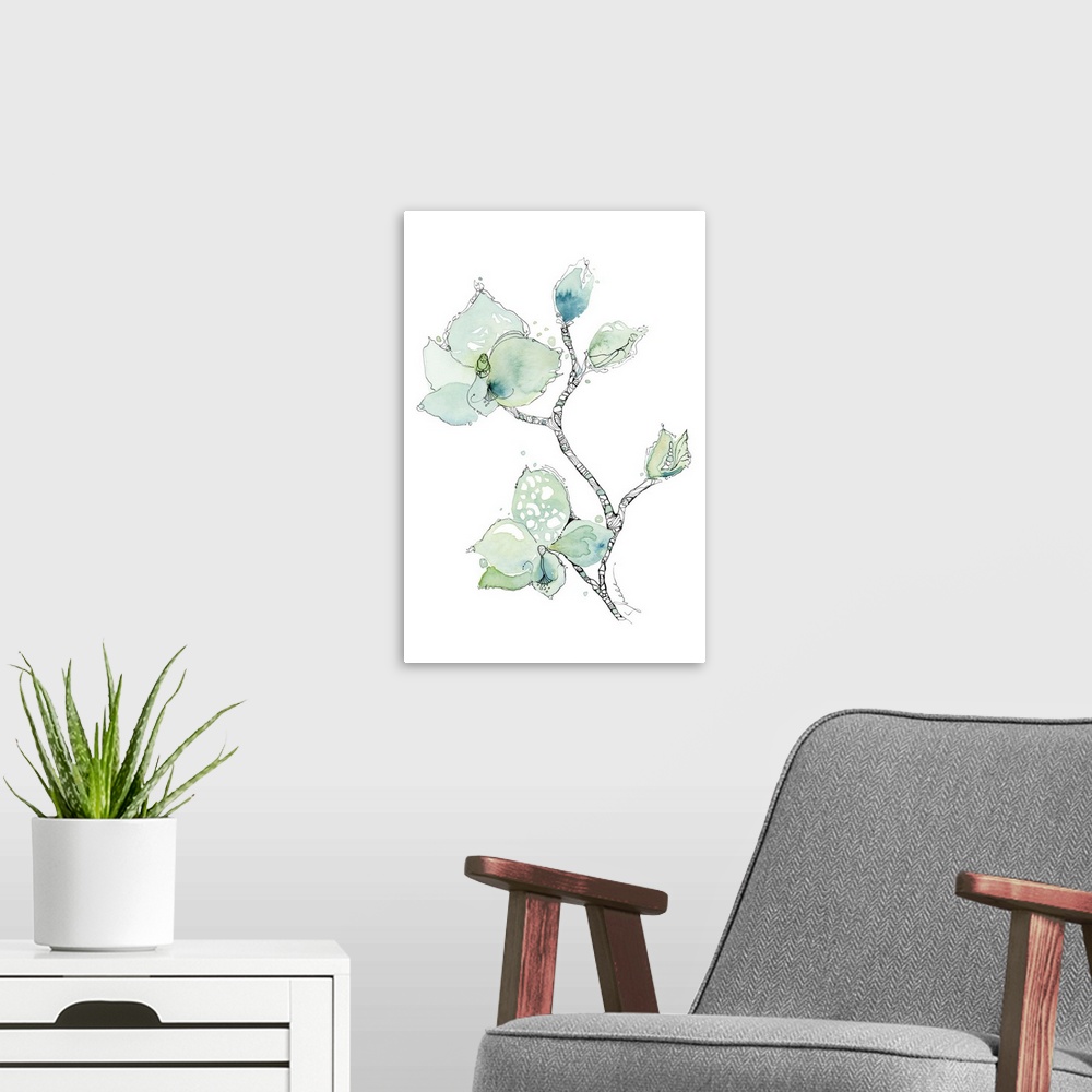 A modern room featuring Watercolor and Ink hand painted illustration of an orchid.