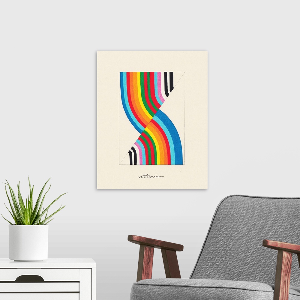 A modern room featuring An abstract contemporary painting of two mirrored rainbow arcs in a mid-century modern style