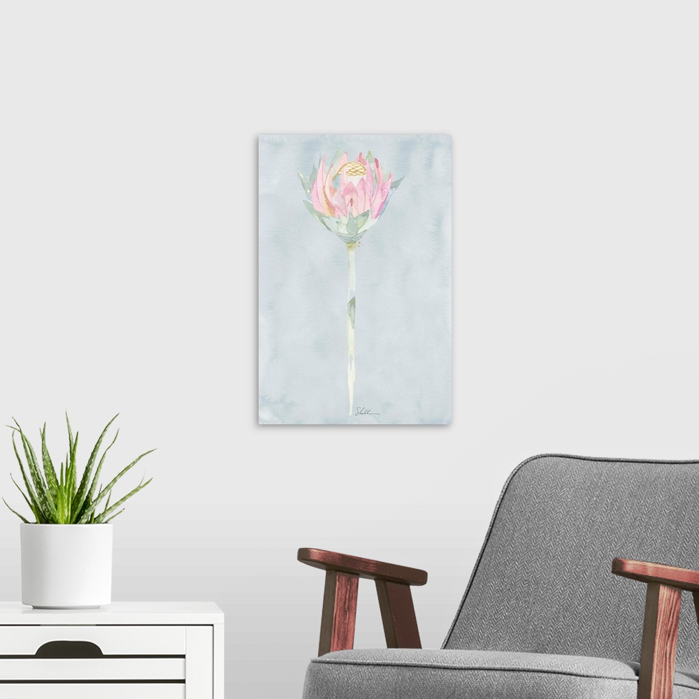 A modern room featuring Hand Painted watercolor painting of a King Protea flower with watercolor background