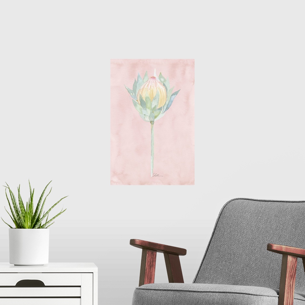 A modern room featuring Hand Painted watercolor painting of a King Protea flower with watercolor background