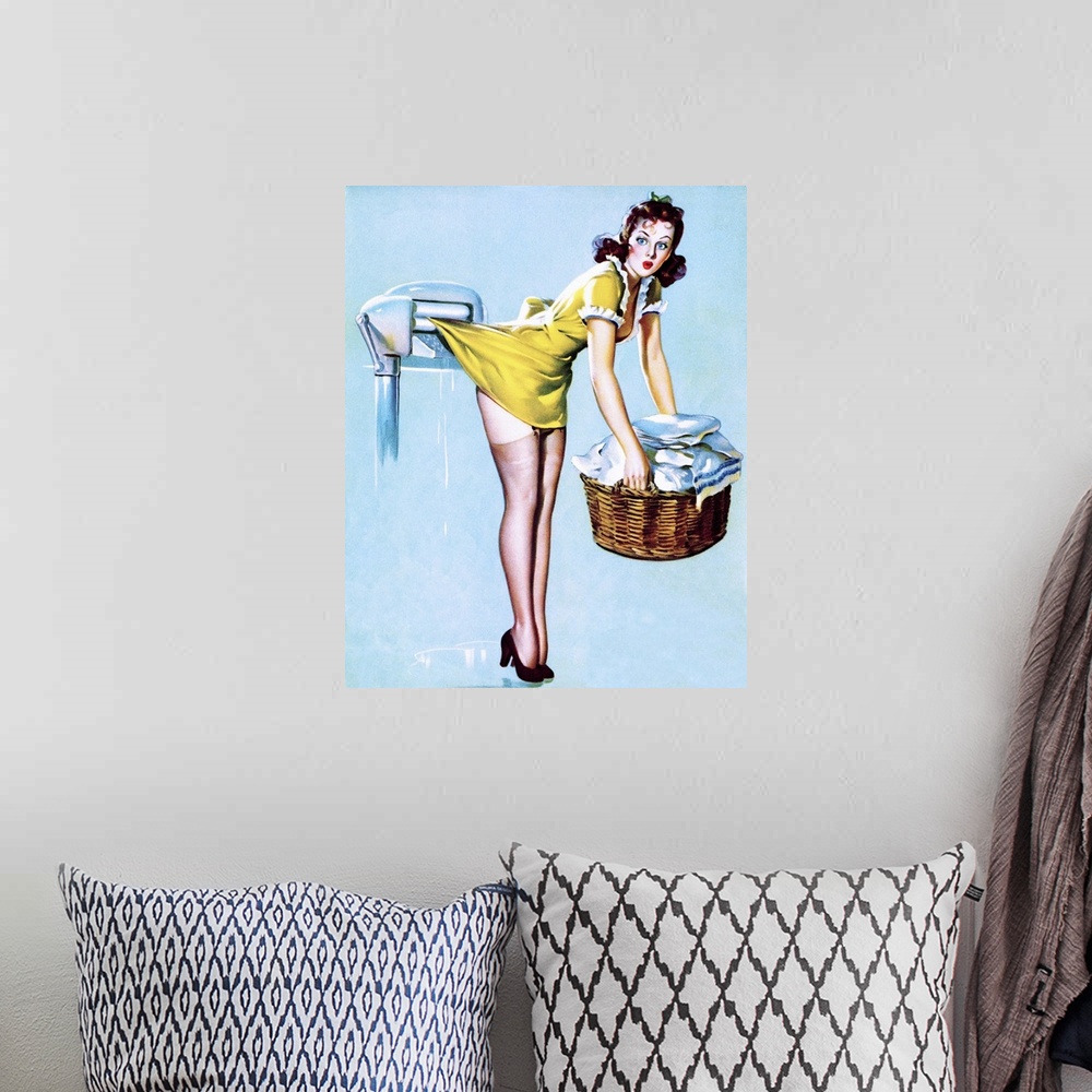 A bohemian room featuring Vintage 50's illustration of a young woman doing laundry with her skirt caught in rollers.