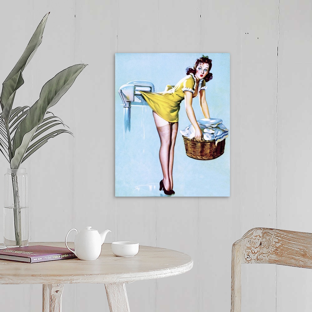 A farmhouse room featuring Vintage 50's illustration of a young woman doing laundry with her skirt caught in rollers.