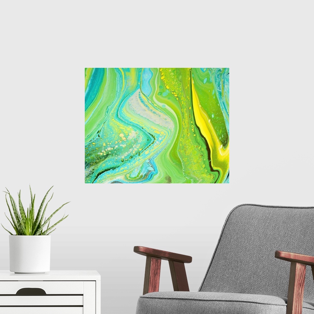 A modern room featuring Lime And Blue Abstract 41