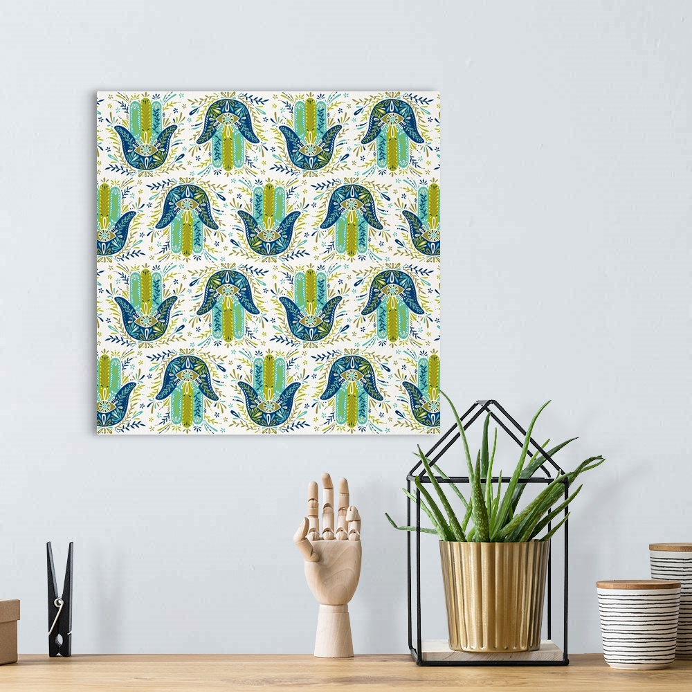 A bohemian room featuring Lime Blue Hamsa Hand Pattern