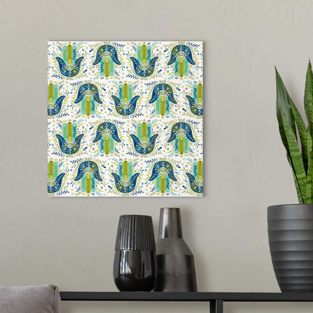 A modern room featuring Lime Blue Hamsa Hand Pattern