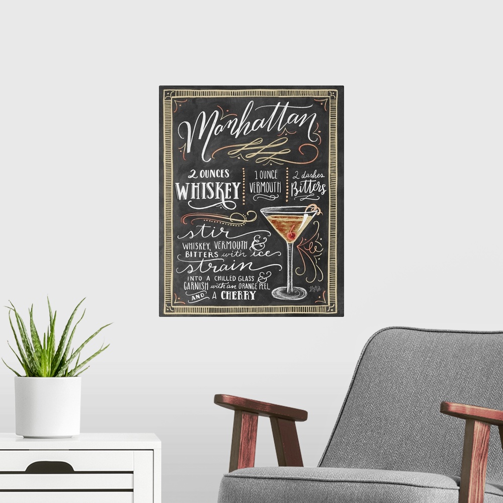 A modern room featuring Handlettered recipe for a Manhattan cocktail with the appearance of a chalkboard drawing.