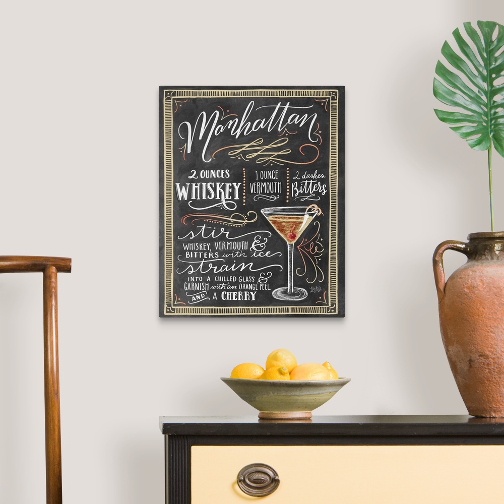 A traditional room featuring Handlettered recipe for a Manhattan cocktail with the appearance of a chalkboard drawing.